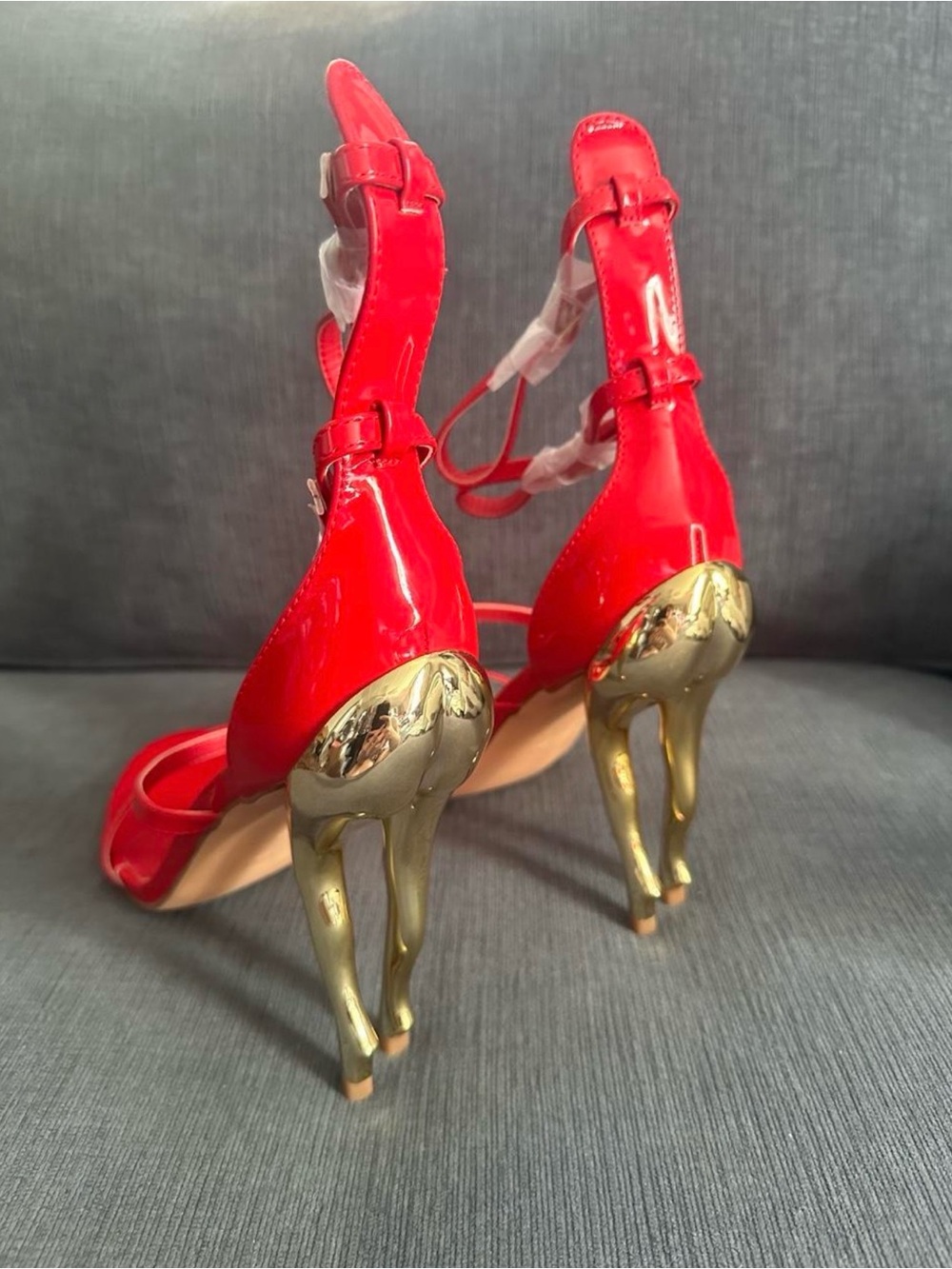Red Patent High Heel Sandals with Sculpted Gold Heels